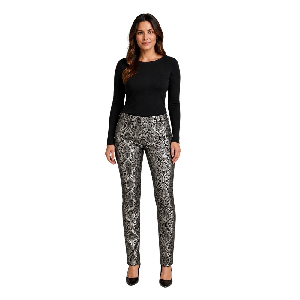 Worthington Paisley Jacquard Pants Women 10 Silver Metallic Holiday Party Slim